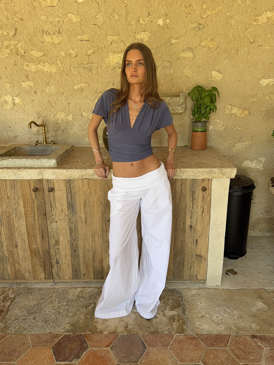Suza pants with ribbed waist - White