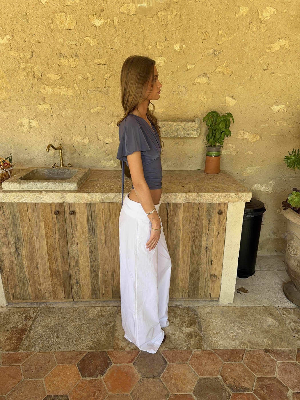 Suza pants with ribbed waist - White