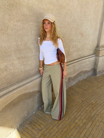 Welma pants with stripes - Light khaki/red