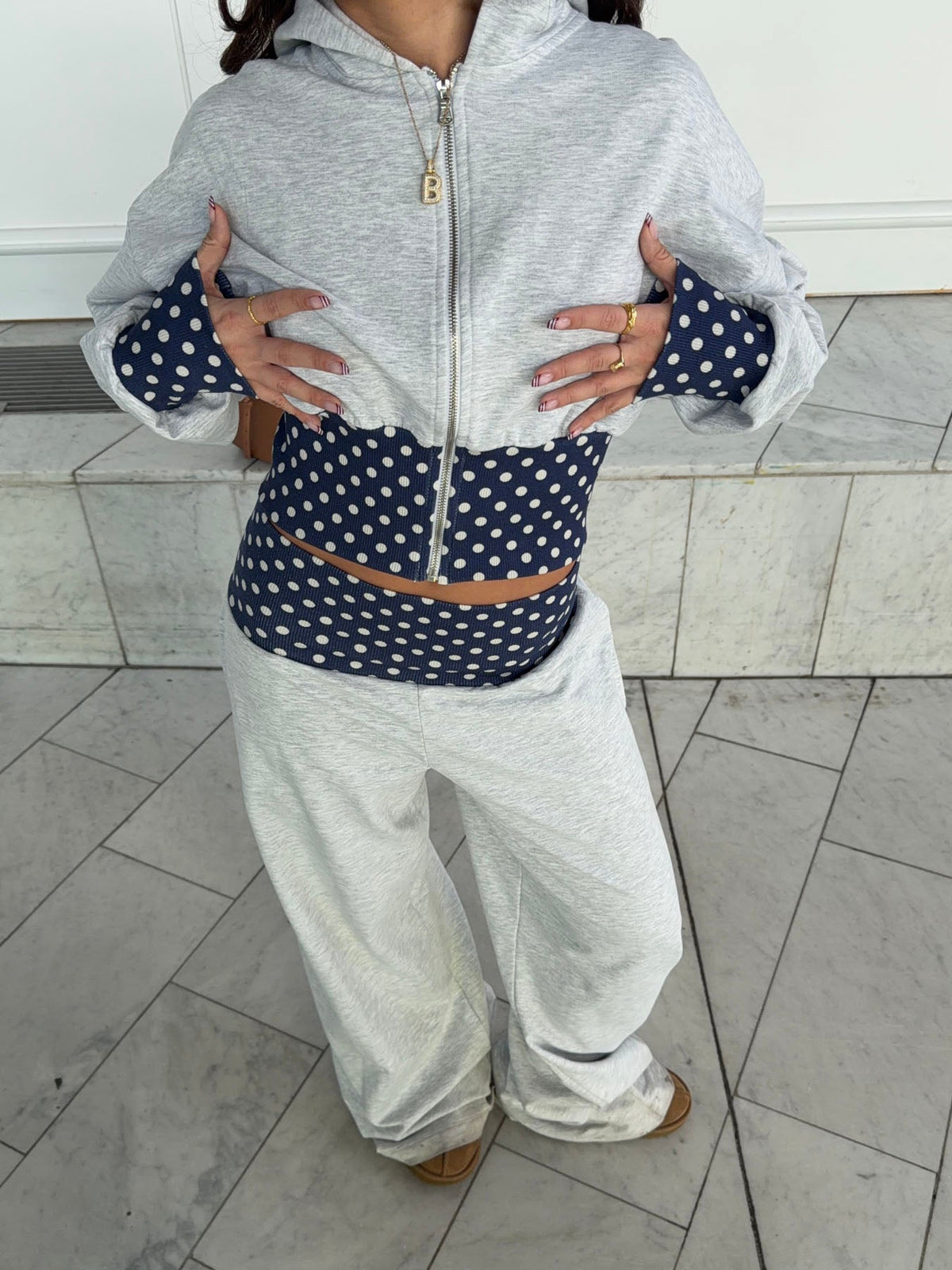 May sweatpants with polka dots - Grey/navy/white